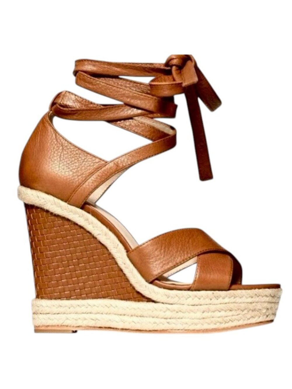 PAIGE Talia Cognac Leather Wedge Sandals Size 8.5